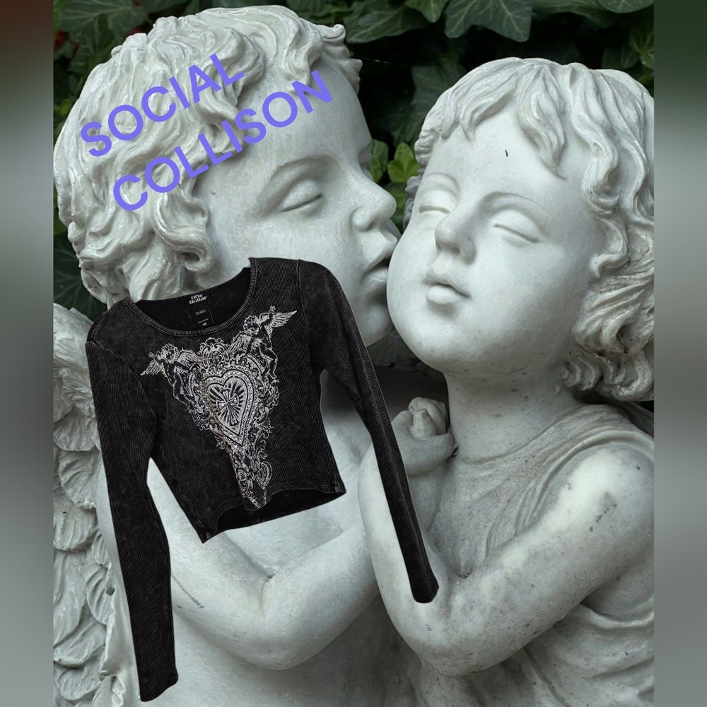 Social Collision Cropped Top with Heart  Cross & Cherubs